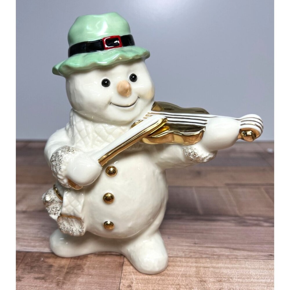 Mikasa Snowman Figurine Playing Violin Handcrafted Ceramic Collectible White/Gre